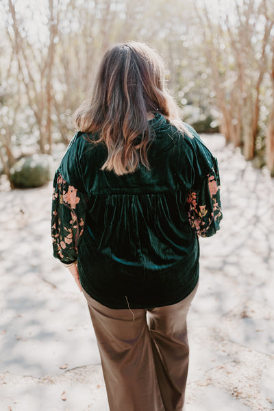 Hunter Green Floral Puff Sleeve Velvet Top