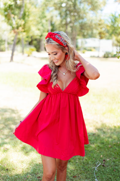 Candy Red Ruffle Sleeve Sweetheart Poplin Dress