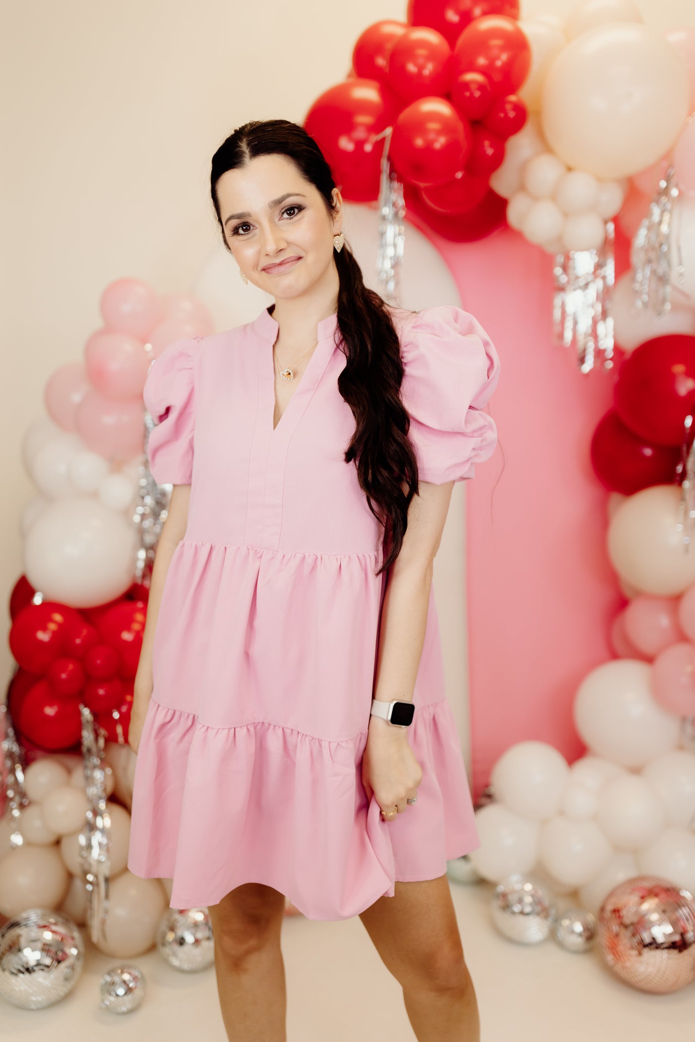 Baby Pink Solid V-Neck Puff Sleeve Mini Dress