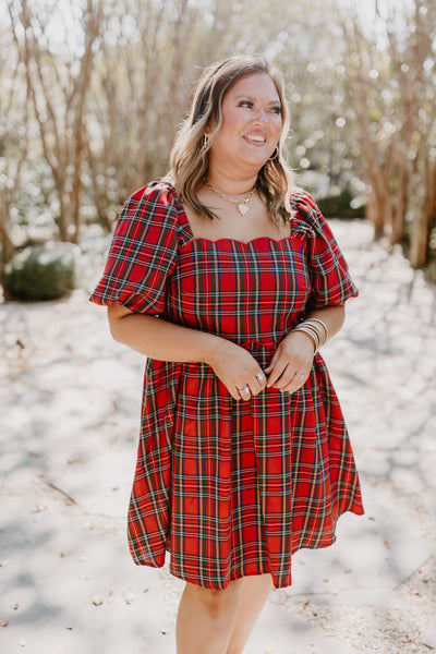 Red Plaid Square Neck Puff Sleeve Dress