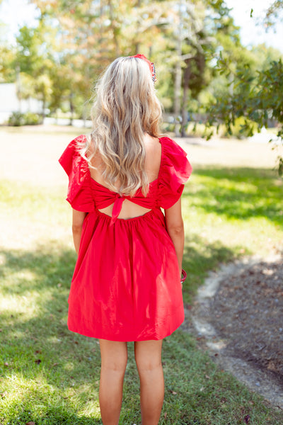 Candy Red Ruffle Sleeve Sweetheart Poplin Dress