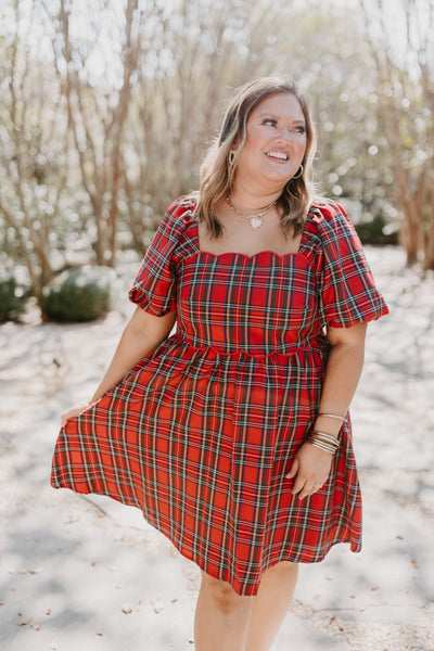 Red Plaid Square Neck Puff Sleeve Dress