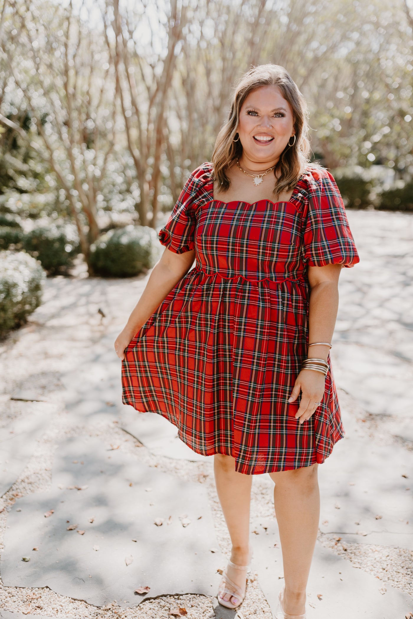 Red Plaid Square Neck Puff Sleeve Dress