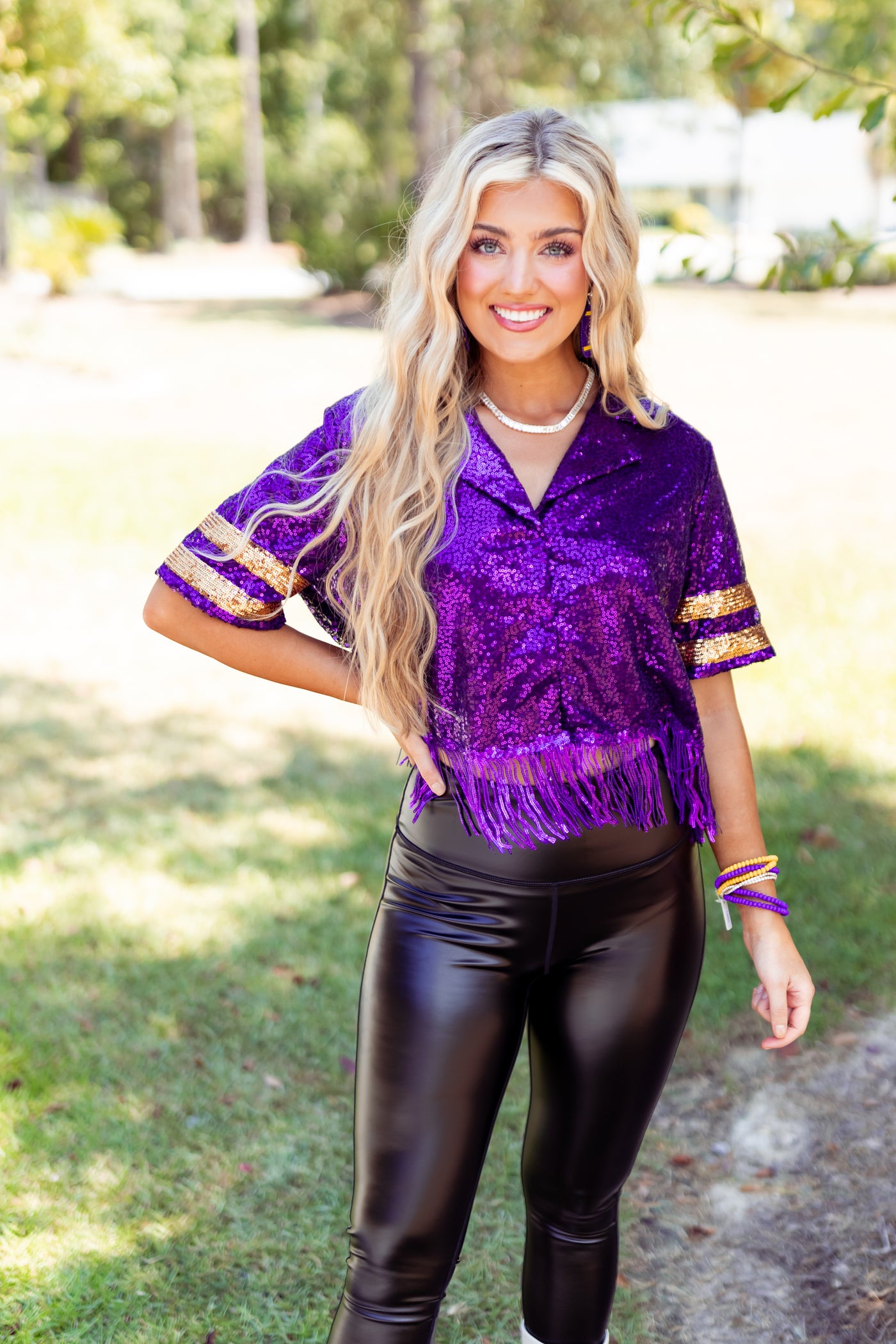 Purple Fringed Sequin Varsity Crop Shirt