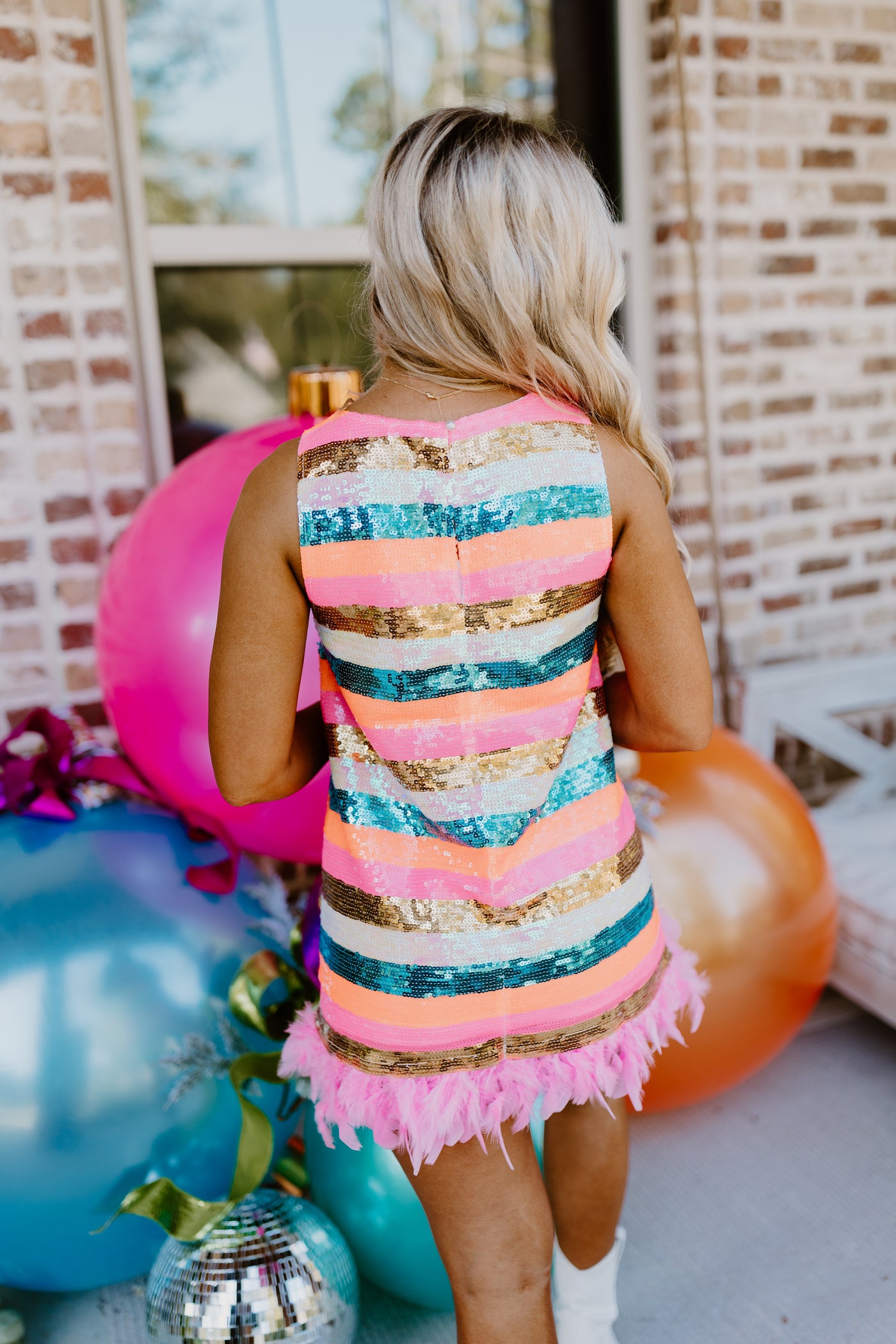 Neon Sequin Multi Stripe Feather Bottom Dress