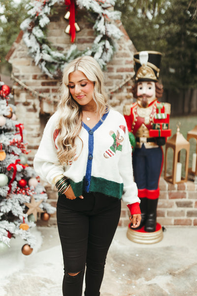 White Sequin Gingerbread Man Cropped Cardigan