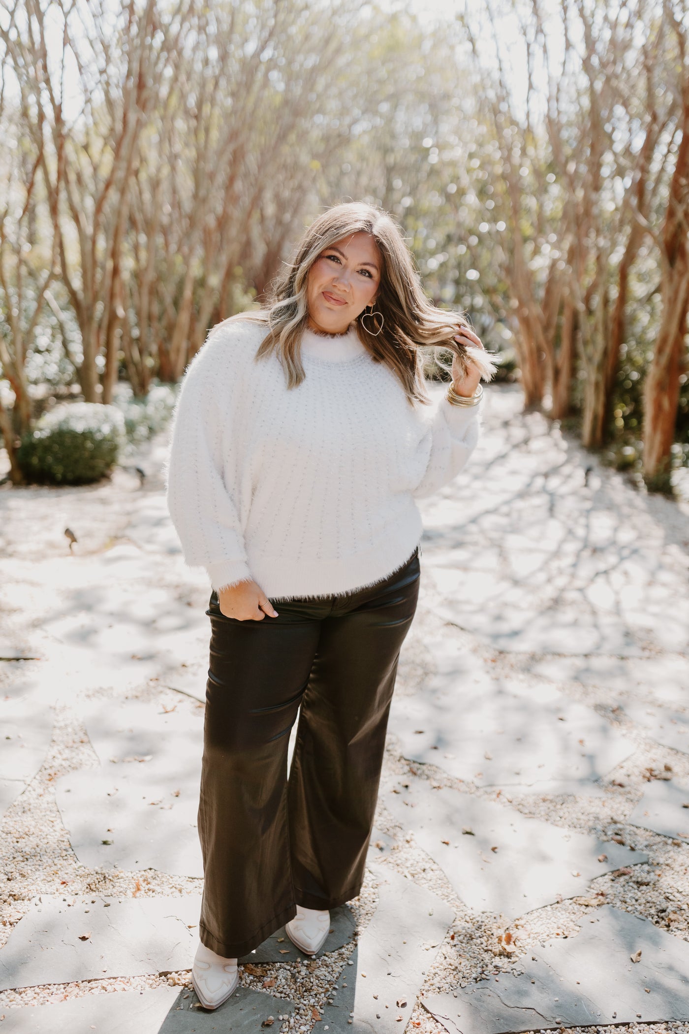 Molly Bracken White Crew Neck Fuzzy Sweater