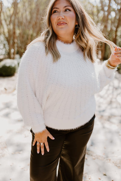 Molly Bracken White Crew Neck Fuzzy Sweater