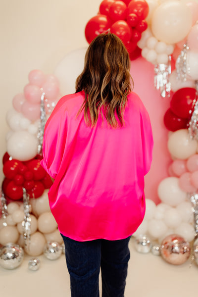 Hot Pink Satin Pleated V-Neck Blouse