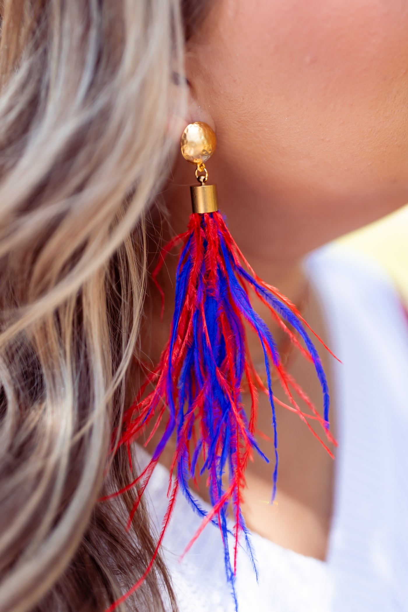Virtue Jewelry Hammered Dome Post With Red & Blue Feather Drop Earrings