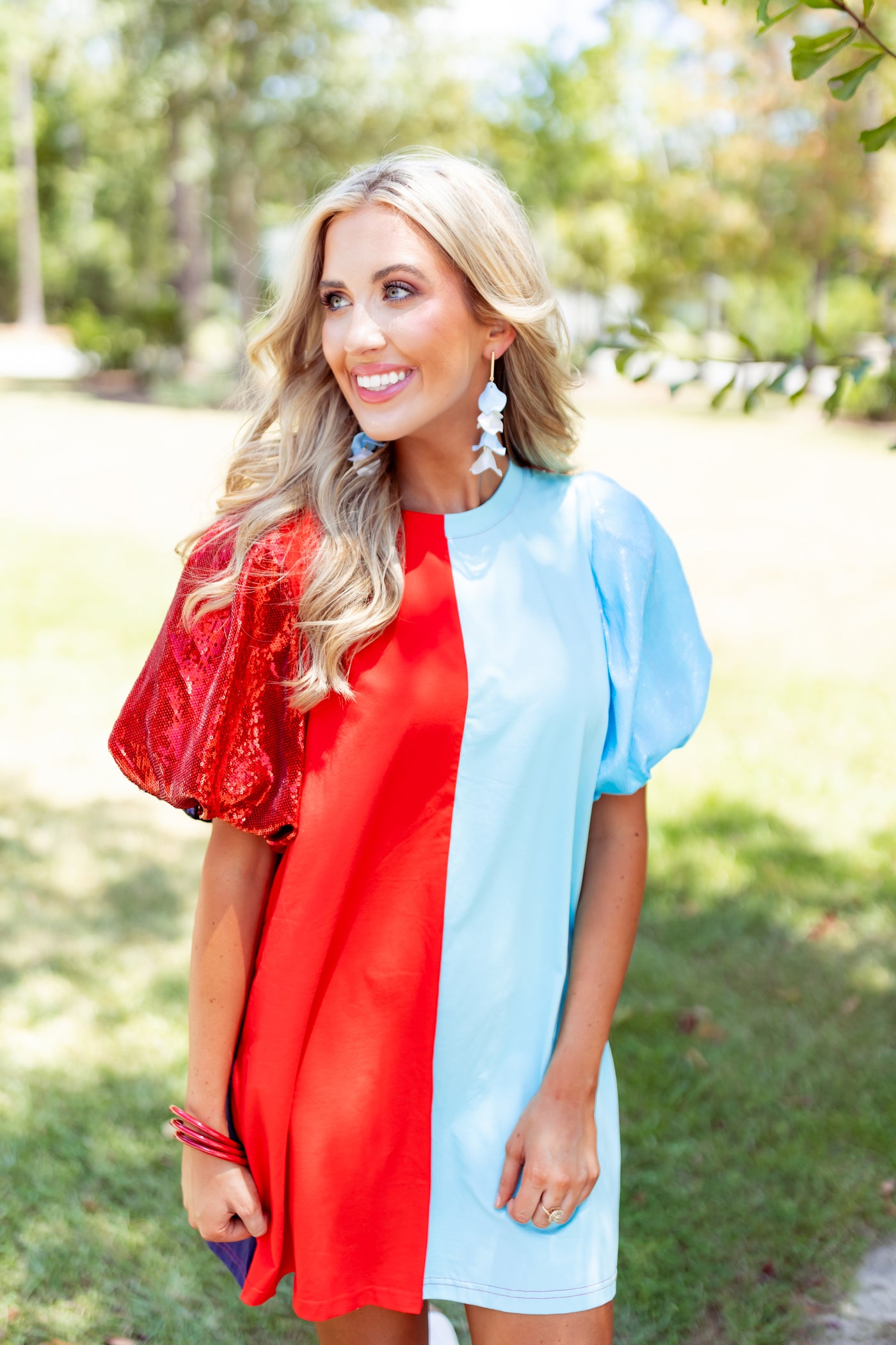 Queen Of Sparkles Powder Blue, Red & Navy Colorblock Sequin Sleeve Dress