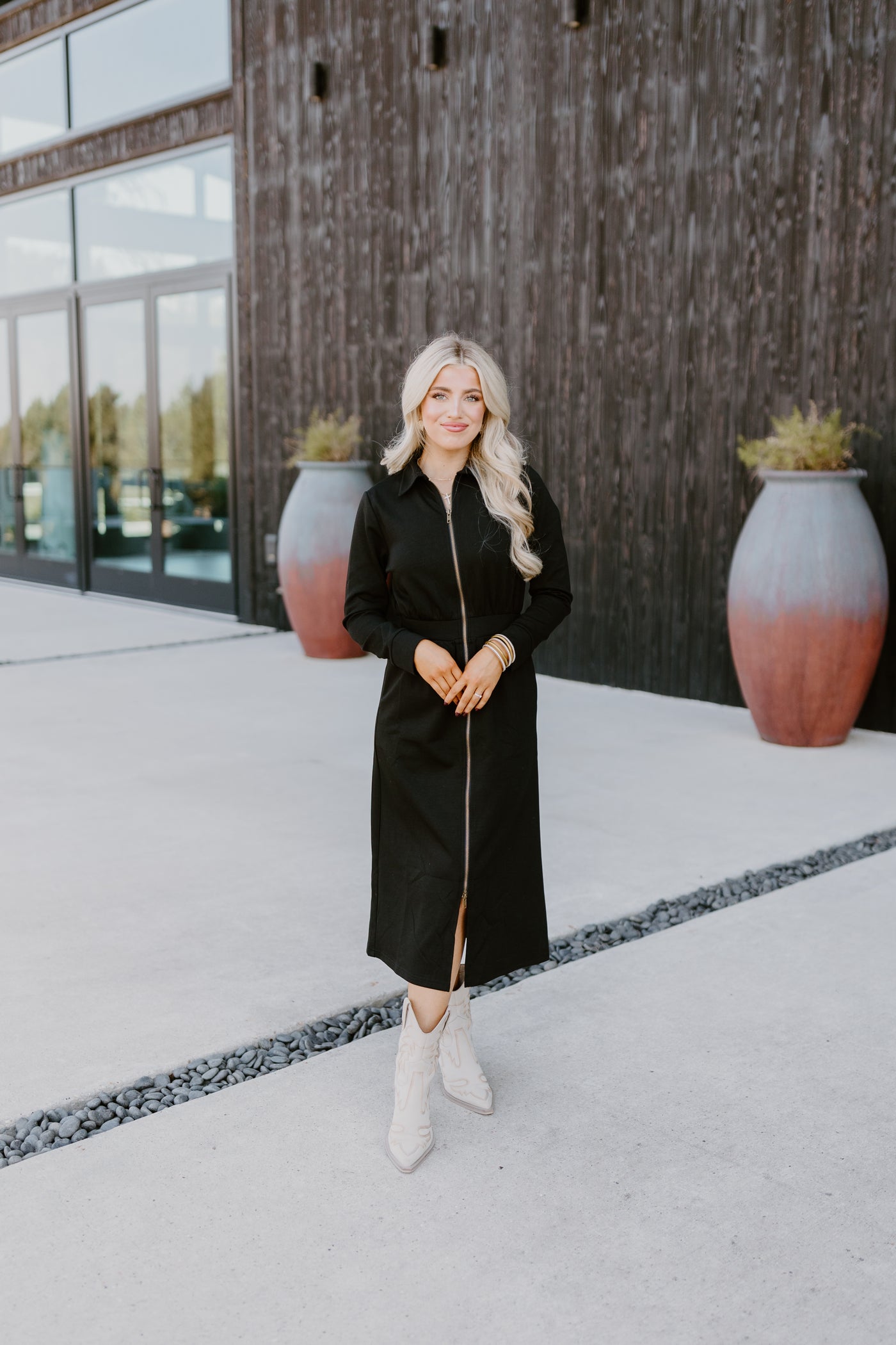 Black Long Sleeve Collared Zipper Midi Dress