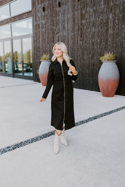 Black Long Sleeve Collared Zipper Midi Dress