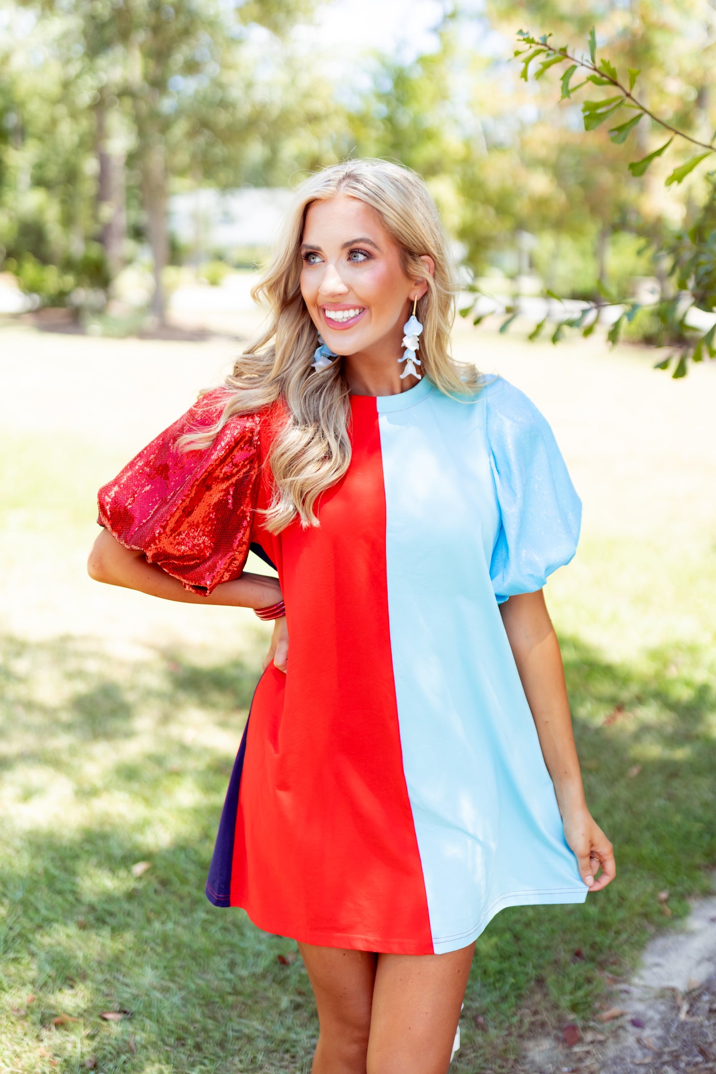 Queen Of Sparkles Powder Blue, Red & Navy Colorblock Sequin Sleeve Dress