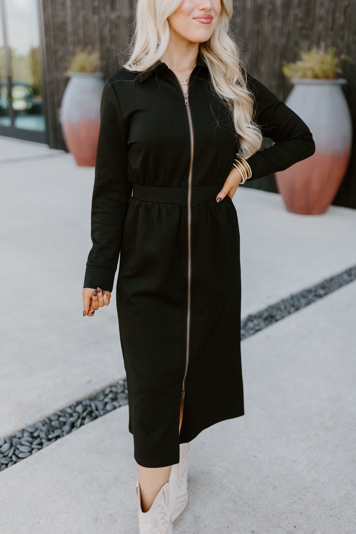 Black Long Sleeve Collared Zipper Midi Dress