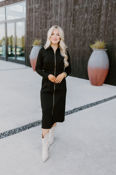 Black Long Sleeve Collared Zipper Midi Dress