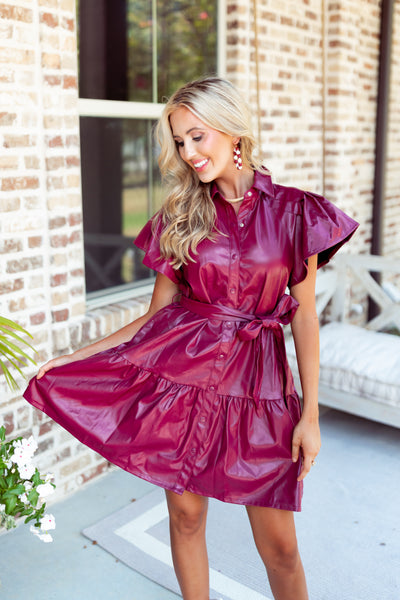 Maroon Faux Leather Button Down Babydoll Dress