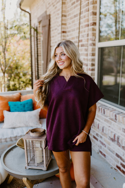 Burgundy Textured Collared Top and Short Set