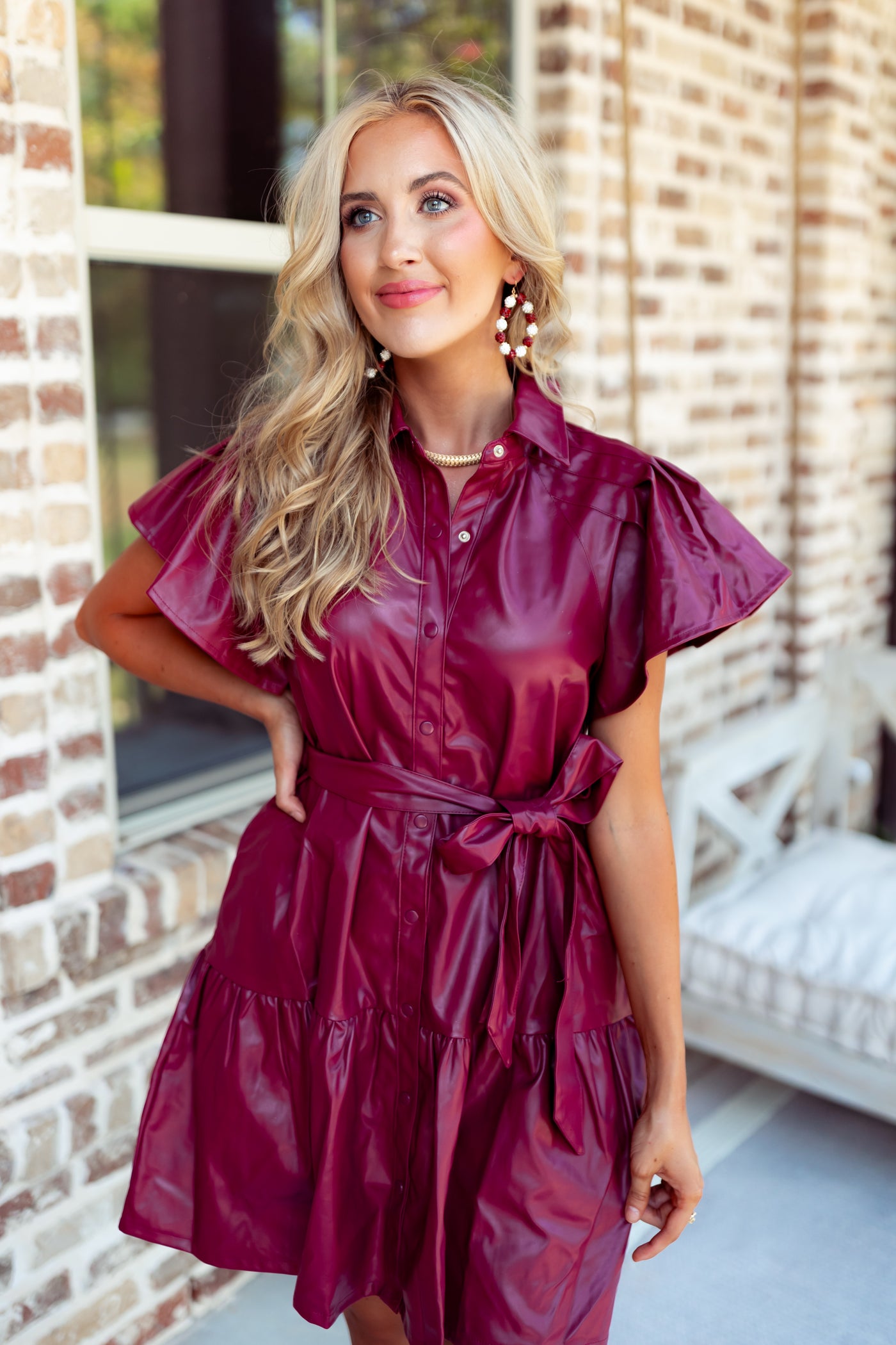 Maroon Faux Leather Button Down Babydoll Dress