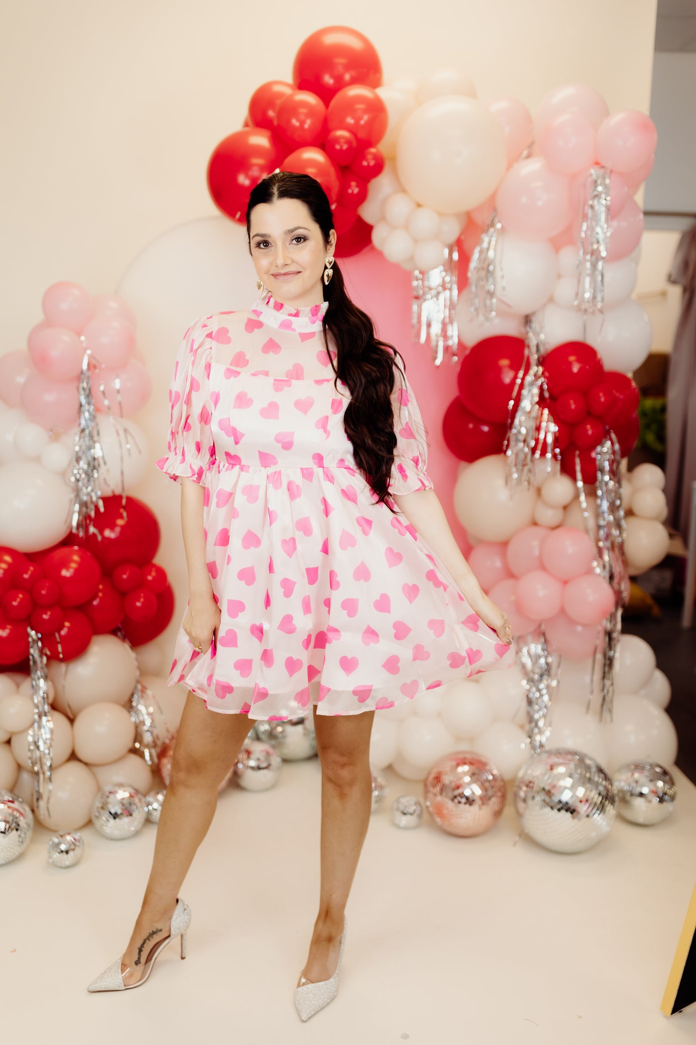 Pink Multi Hearts Print Organza Dress