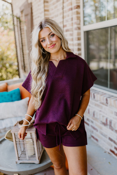 Burgundy Textured Collared Top and Short Set