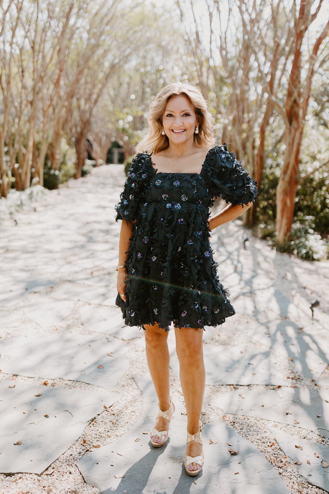 Black Sequin Flower Babydoll Dress