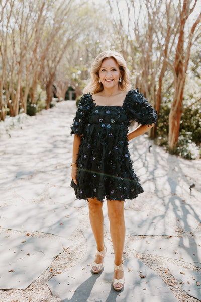 Black Sequin Flower Babydoll Dress