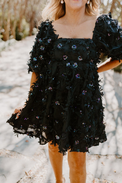 Black Sequin Flower Babydoll Dress