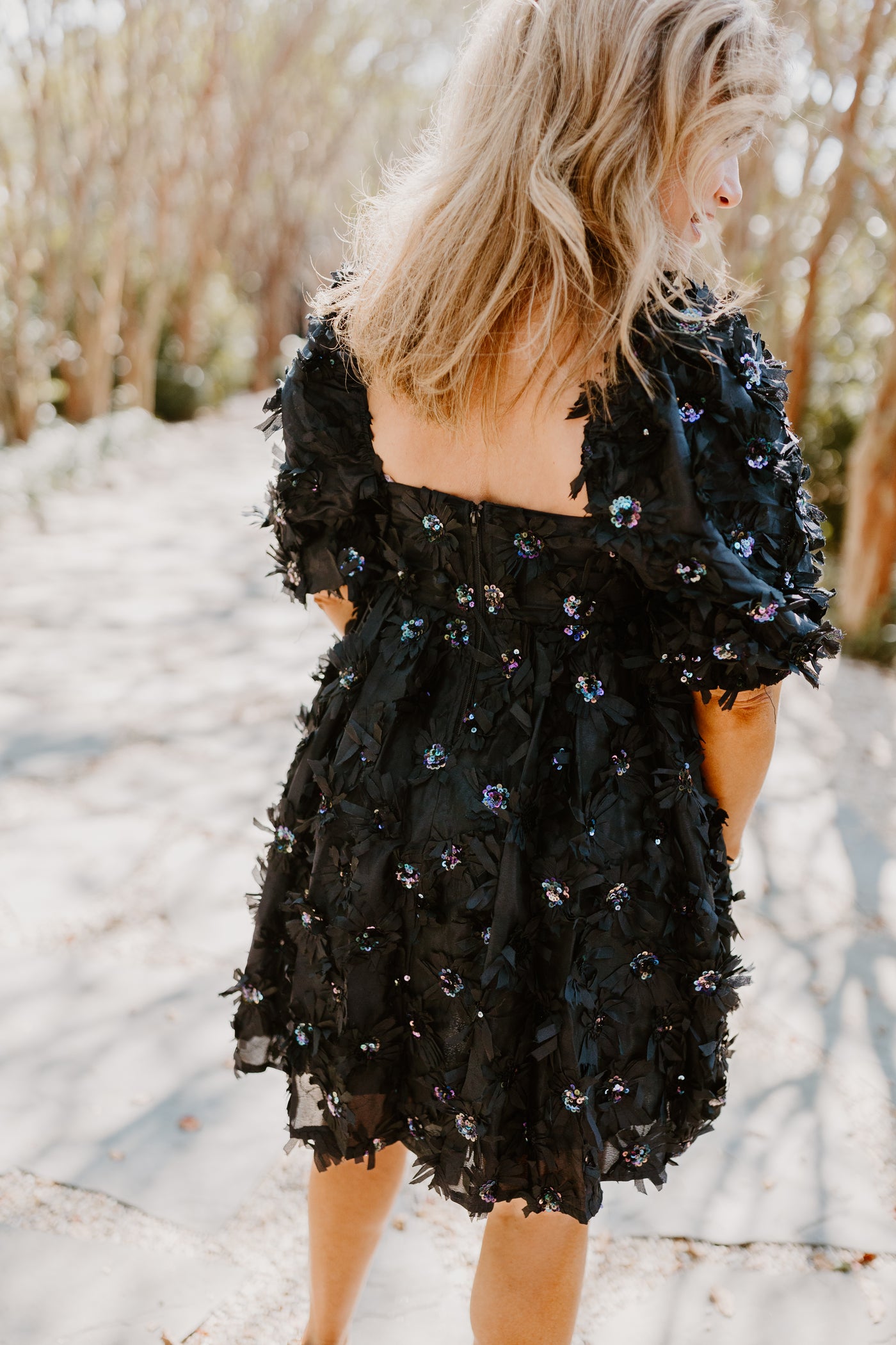 Black Sequin Flower Babydoll Dress