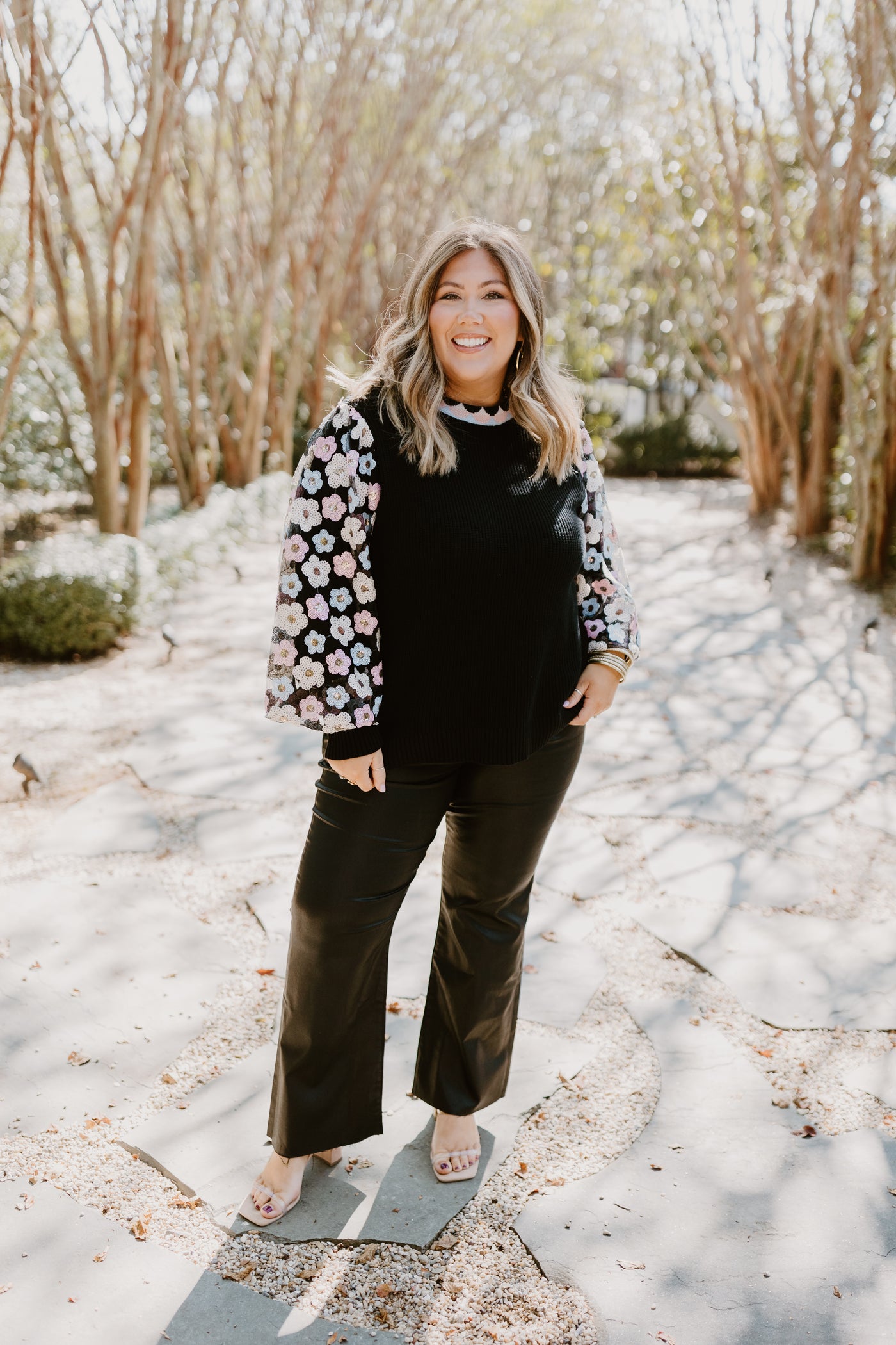 Black Multi Floral Embroidered Sequin Sleeve Sweater