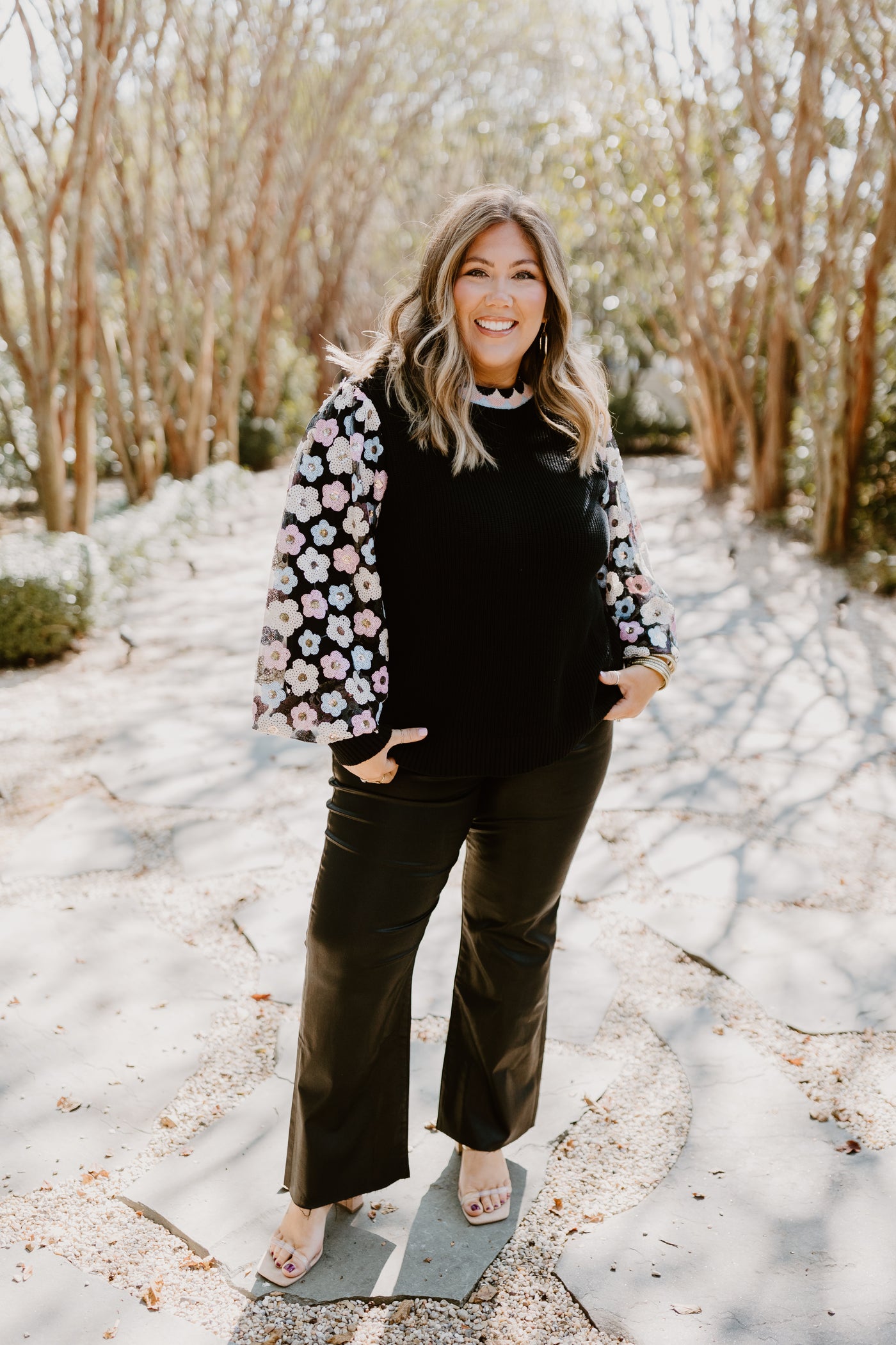 Black Multi Floral Embroidered Sequin Sleeve Sweater