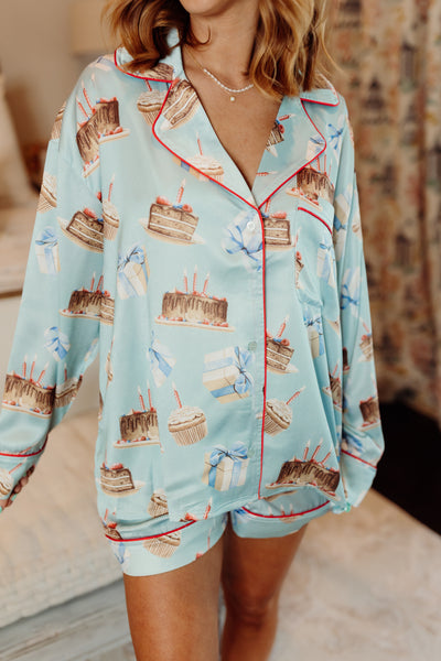 Dusty Blue Multi Satin Birthday Cake Long Sleeve Pajama Set