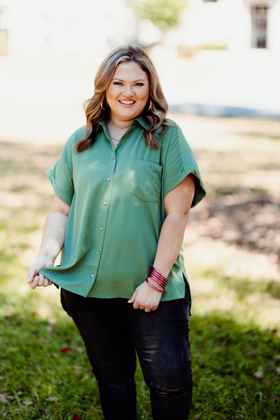 Artichoke Button Down Collared Pocket Blouse