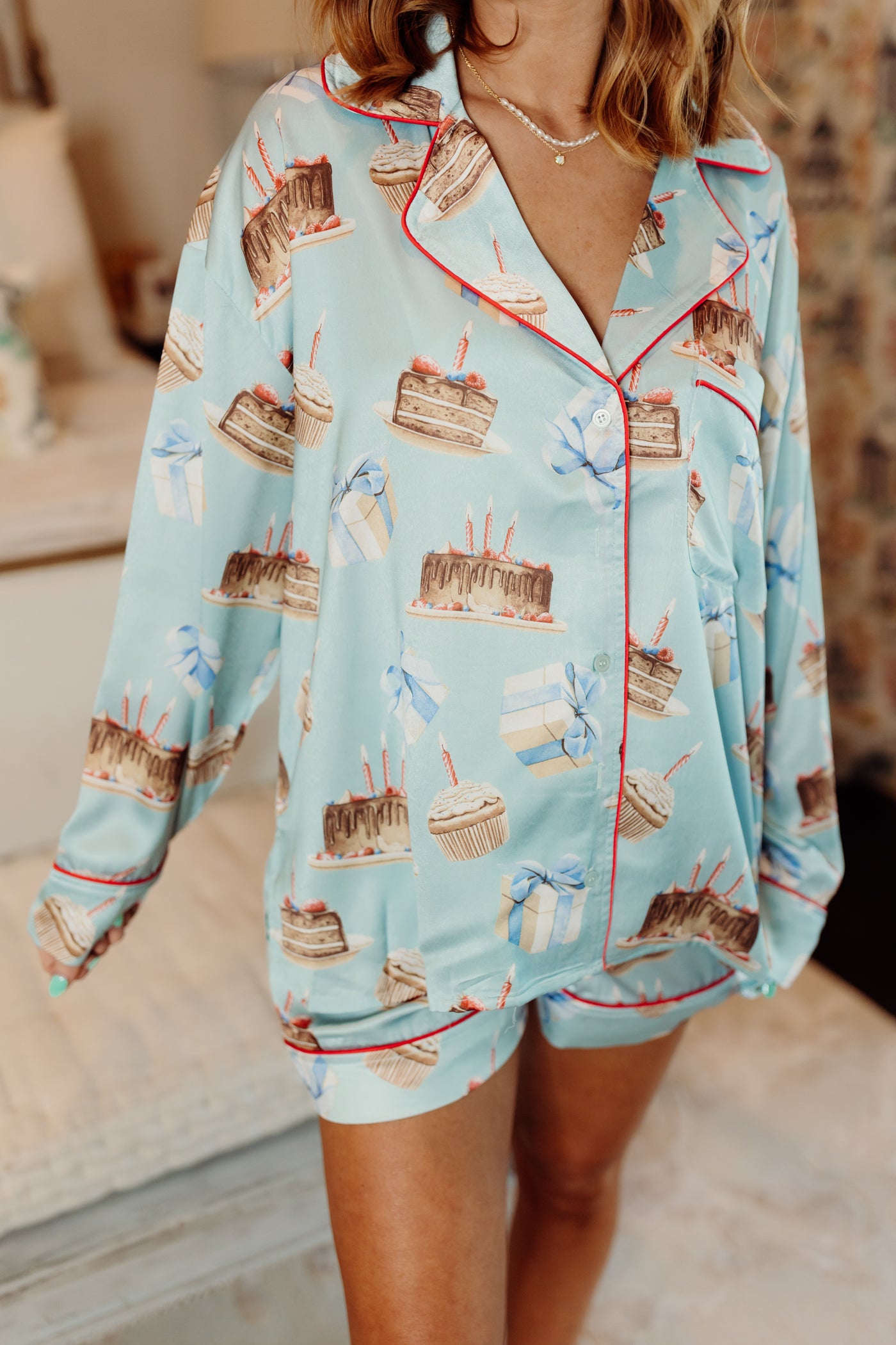 Dusty Blue Multi Satin Birthday Cake Long Sleeve Pajama Set