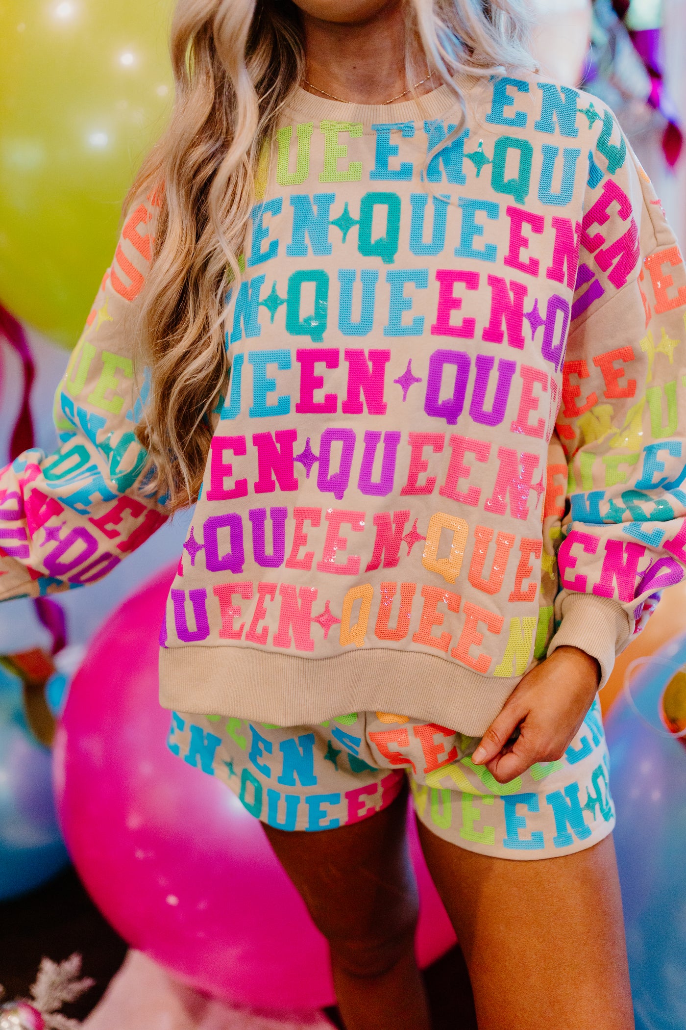 Queen Of Sparkles Tan & Neon Queen All Over Sweatshirt