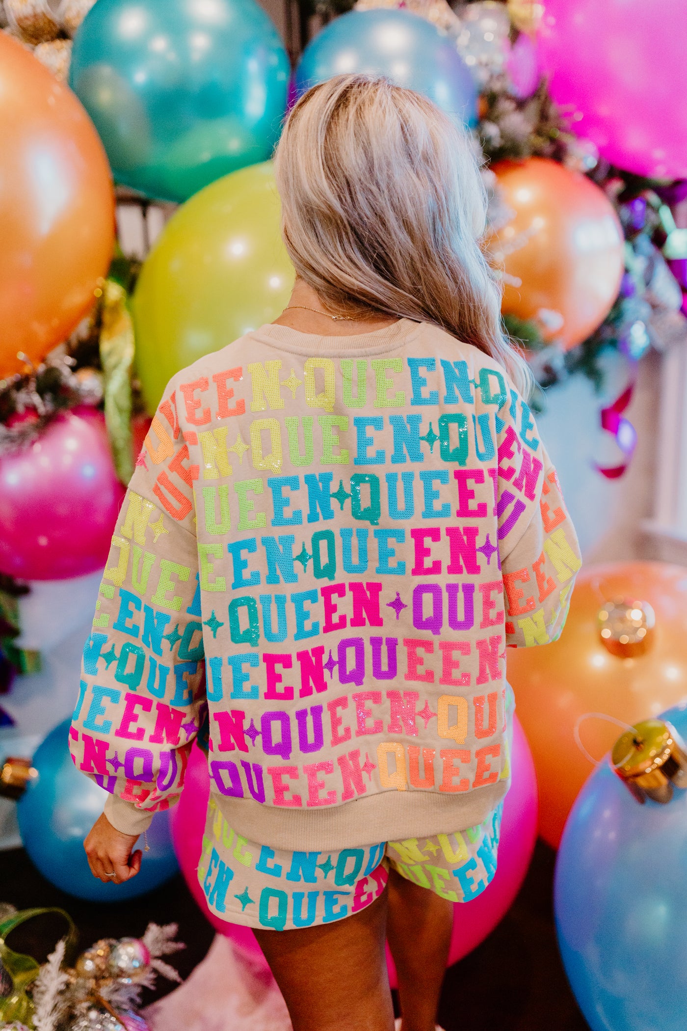 Queen Of Sparkles Tan & Neon Queen All Over Sweatshirt