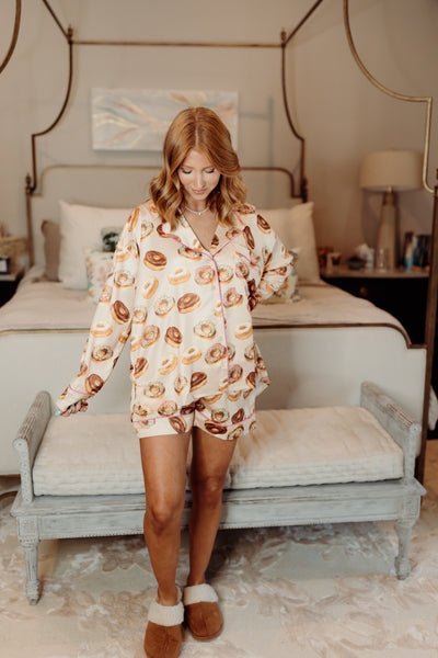 Beige Multi Satin Donut Long Sleeve Pajama Set