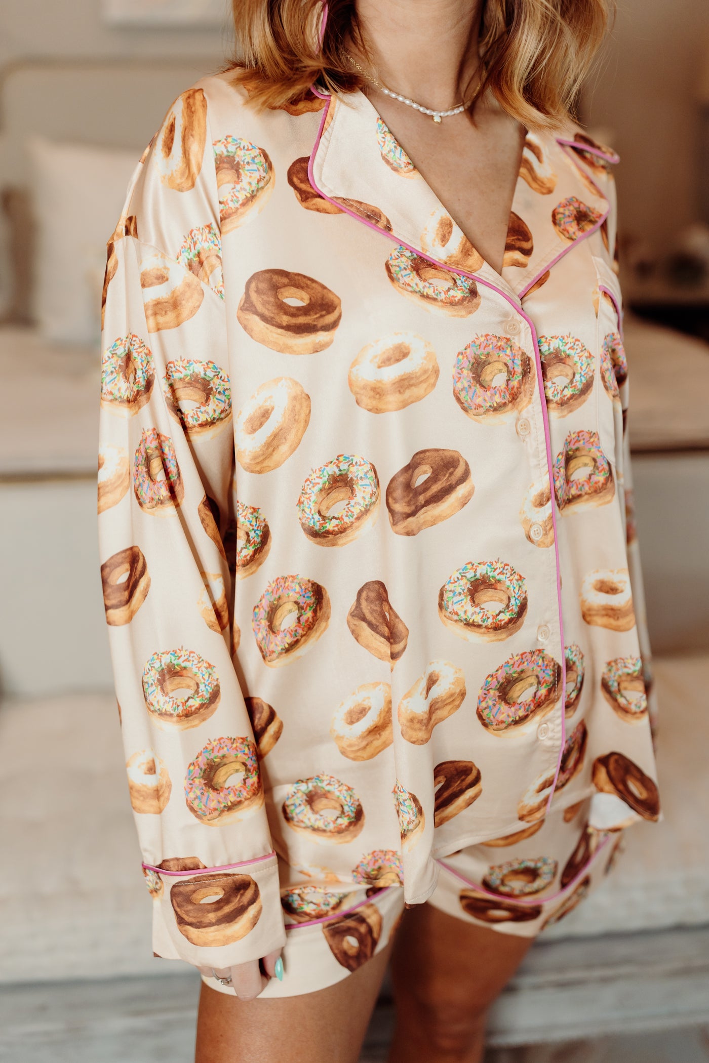 Beige Multi Satin Donut Long Sleeve Pajama Set