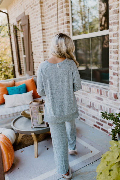 Grey Brushed Knit Long Sleeve Top and Pant Set