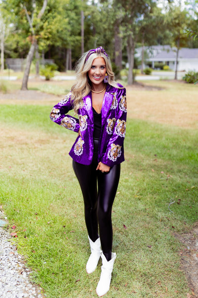 Queen Of Sparkles Purple Sequin Tiger Heads Blazer
