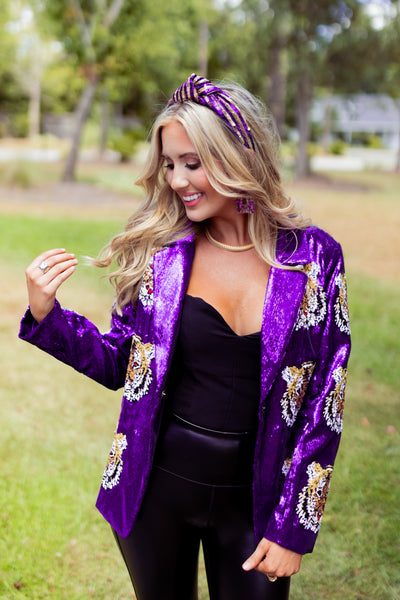 Queen Of Sparkles Purple Sequin Tiger Heads Blazer