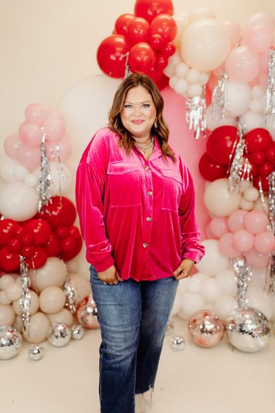 Lipstick Pink Velvet Button Down Top