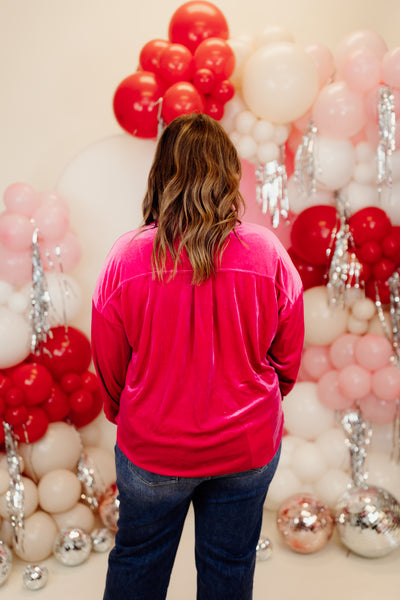 Lipstick Pink Velvet Button Down Top