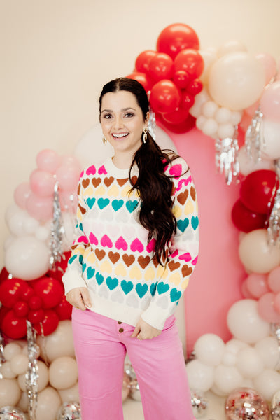 Cream Multicolor Heart Knit Sweater