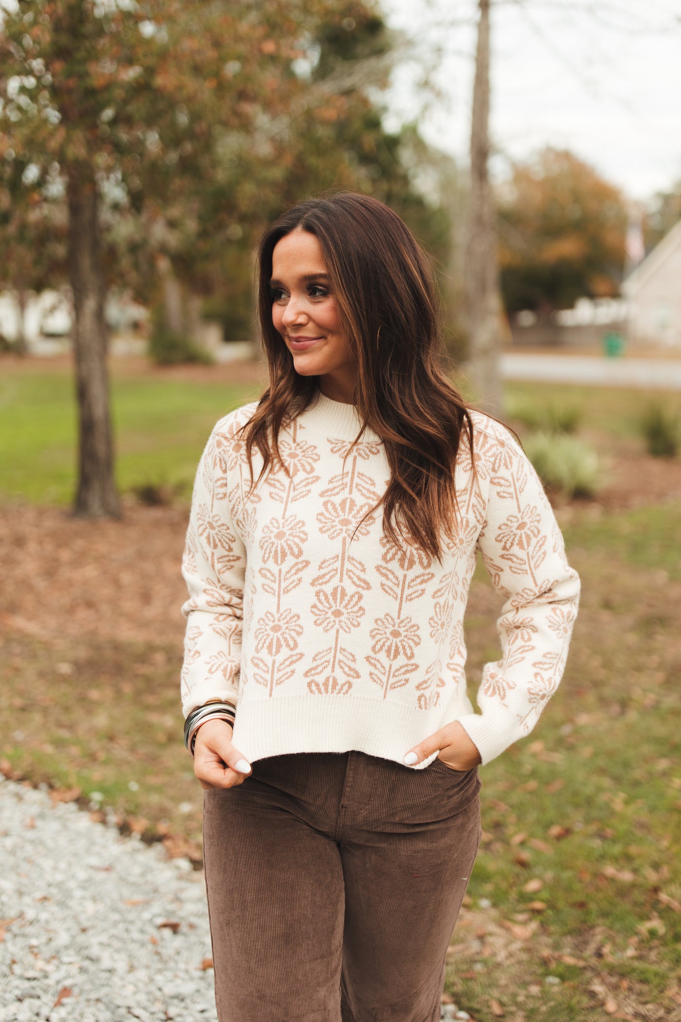 Beige Taupe Floral Ribbed Detail Sweater