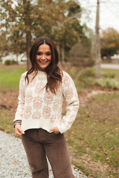 Beige Taupe Floral Ribbed Detail Sweater