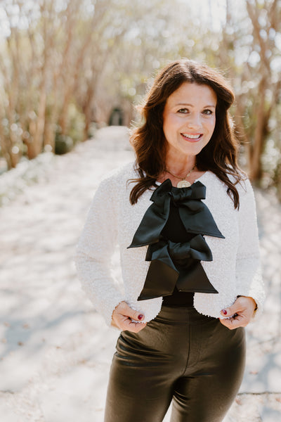 Cream Sequin Black Bow Detail Cropped Jacket