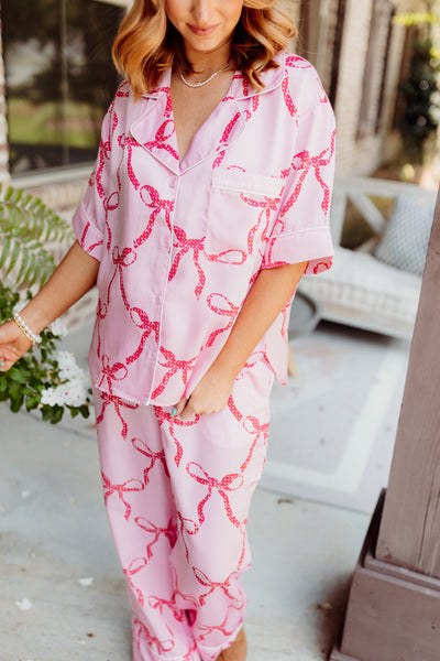 Red Sequin Bow Button Down Top and Pant Pajama Set