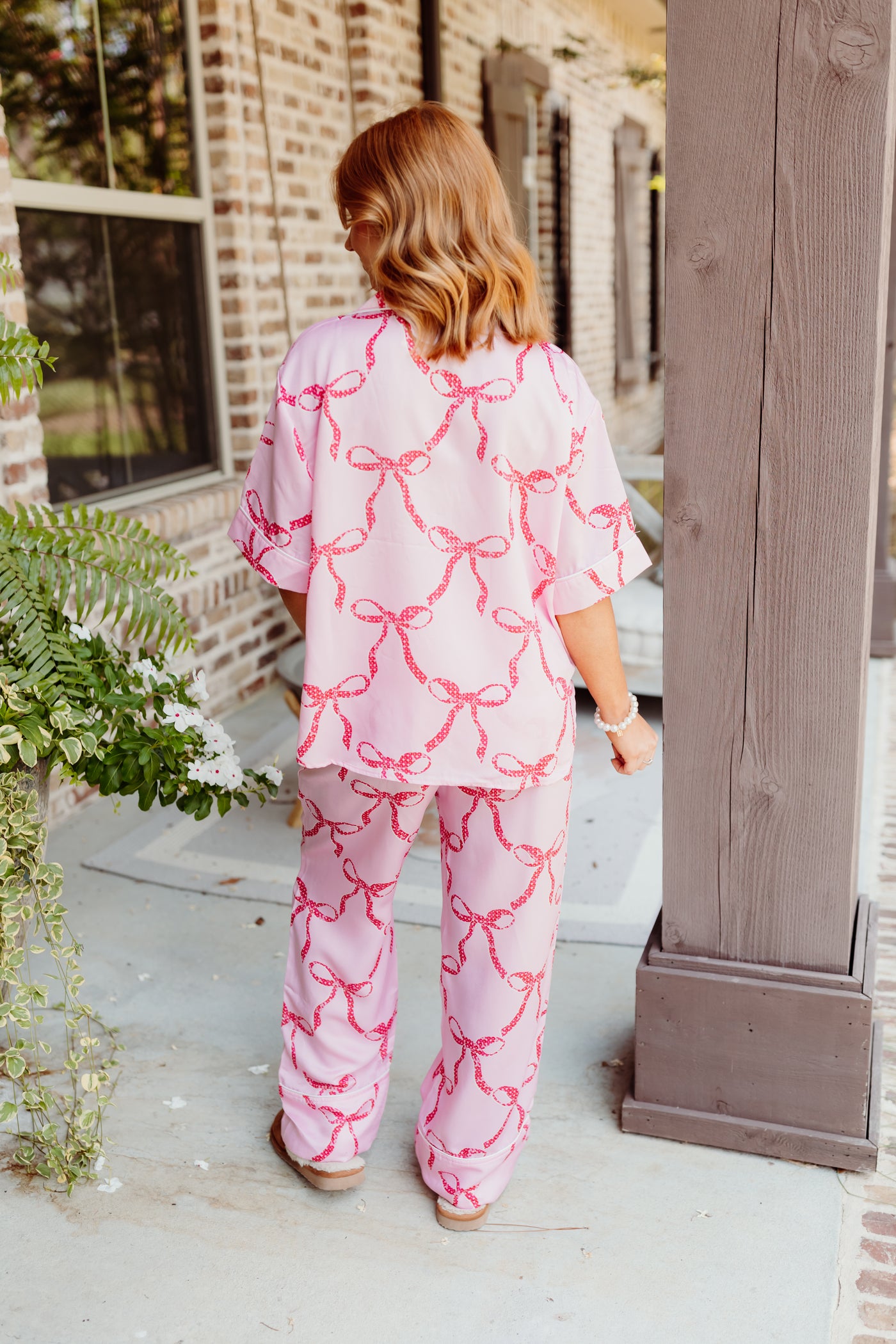 Red Sequin Bow Button Down Top and Pant Pajama Set