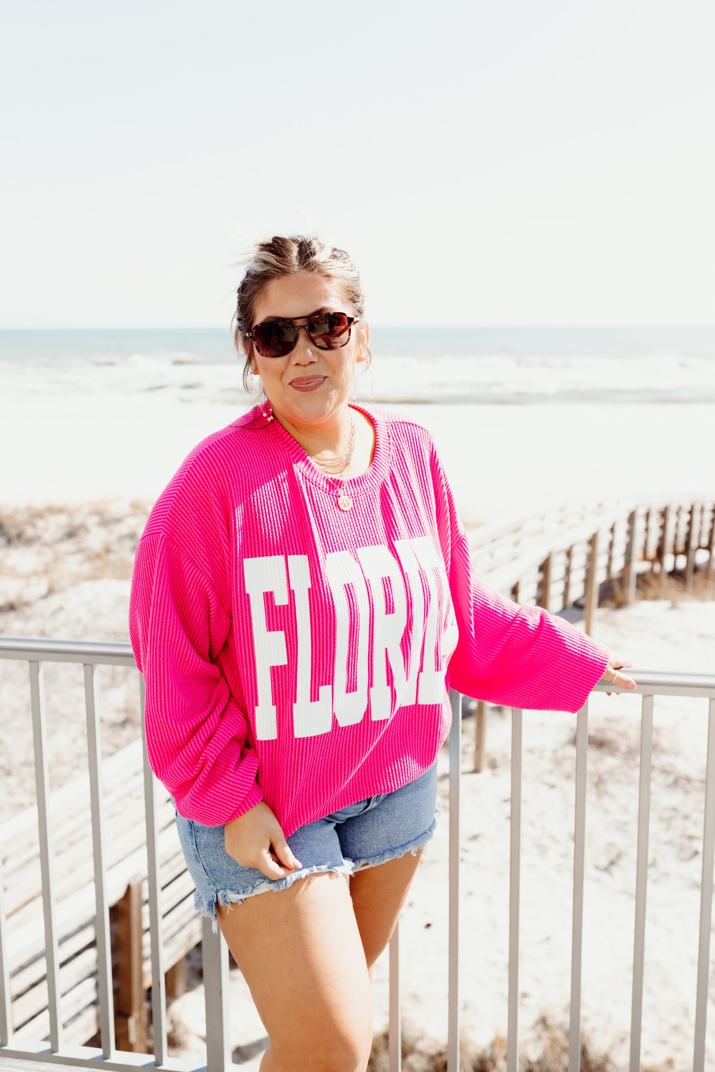 Fuchsia Ribbed Oversized Florida Graphic Sweatshirt